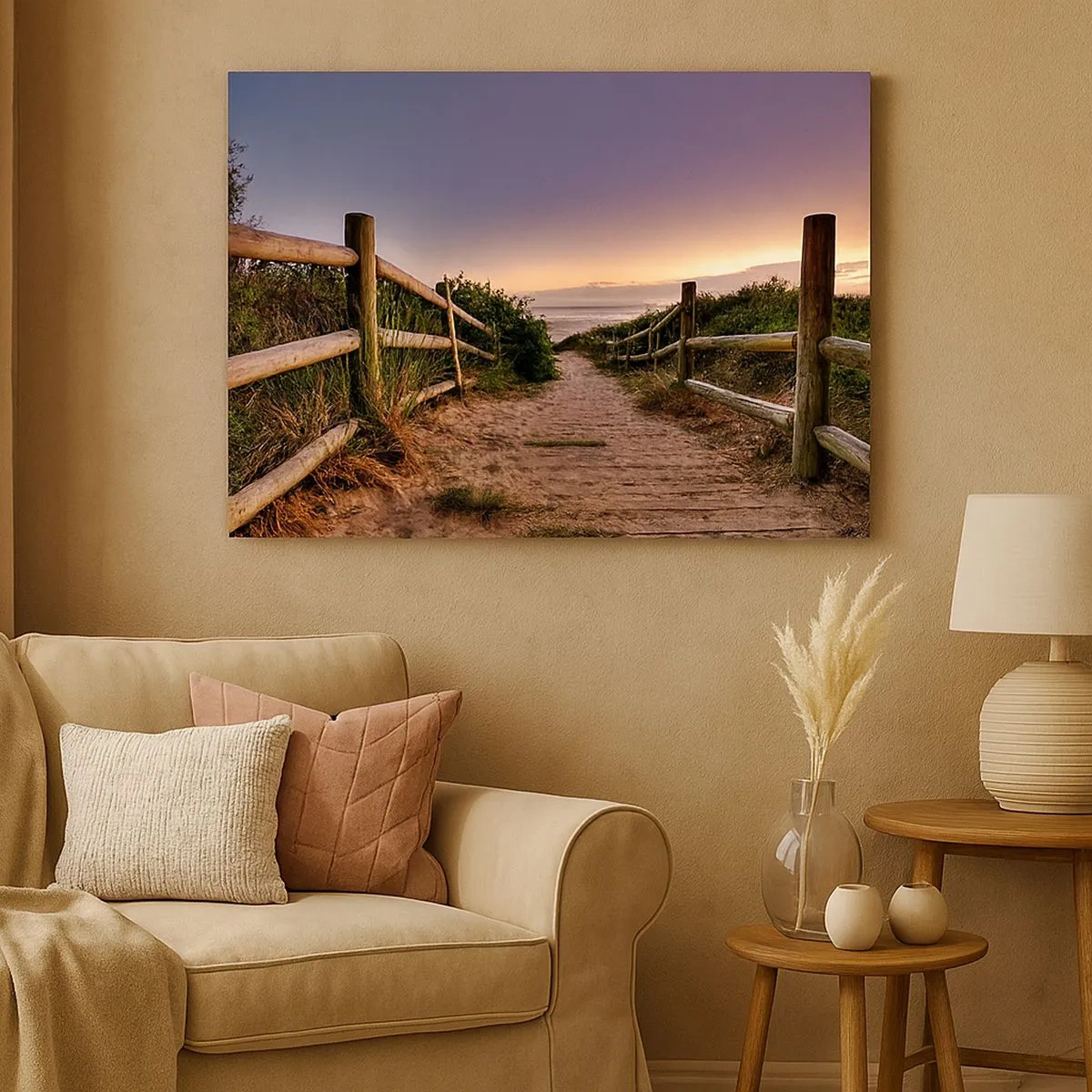 Cuadro sobre lienzo - Impresión de Imagen - Camino de madera en las dunas que conduce a la playa al atardecer - 70x50cm - Objetivo a la vista - Decoración de pared moderna para salón y dormitorio ARTTOR