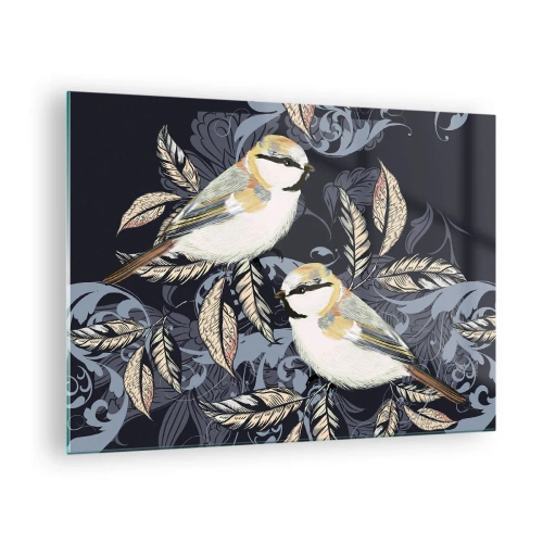 Cuadro sobre vidrio - Impresiones sobre Vidrio - Ilustración de dos pájaros sobre un fondo oscuro con adornos. - 70x50cm - En la copa del árbol - Decoración de pared moderna para salón y dormitorio ARTTOR