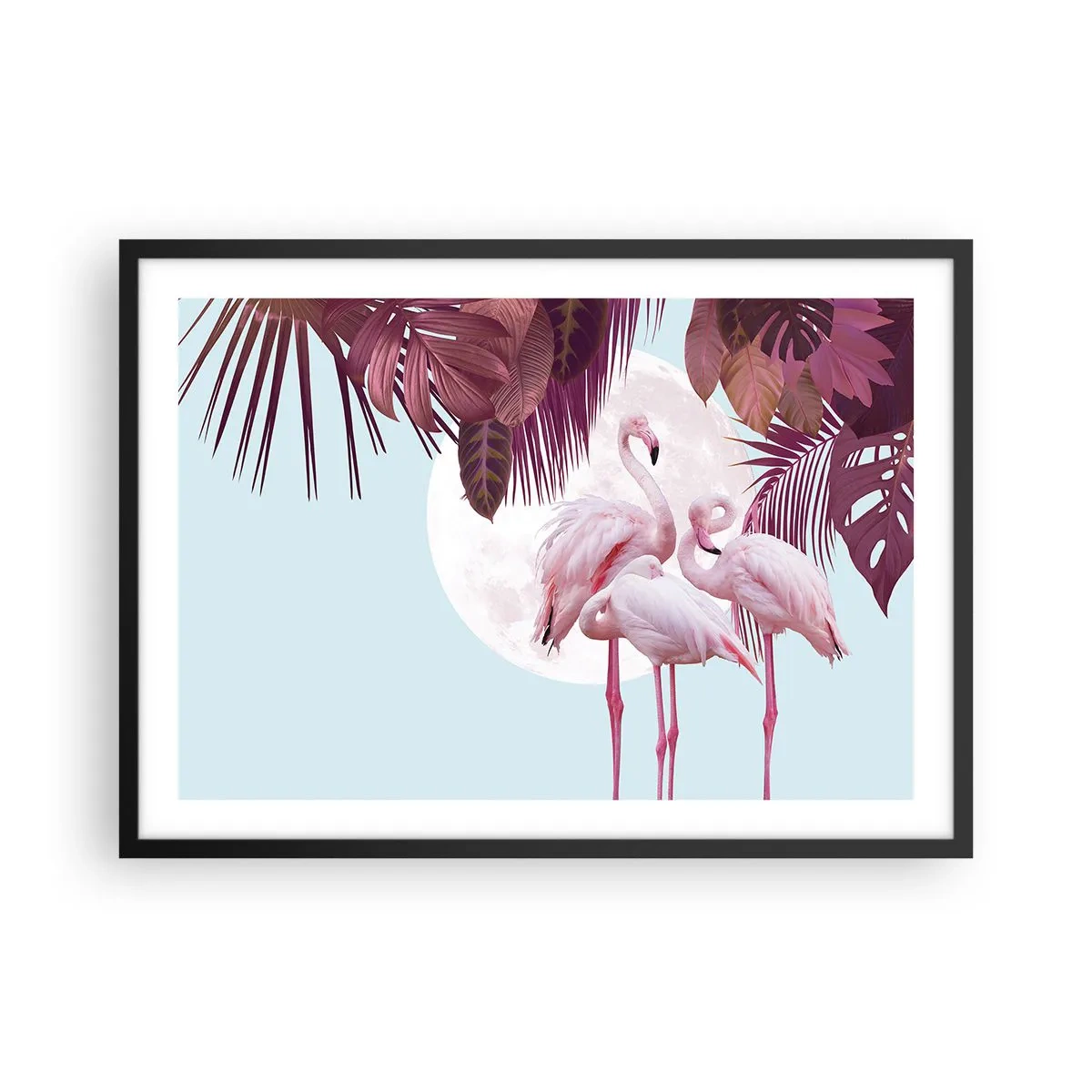 Póster en marco negro - Flamencos rosados con la luna y las hojas tropicales como telón de fondo. - 70x50cm - La grandeza de las aves - Decoración de pared moderna para salón y dormitorio ARTTOR