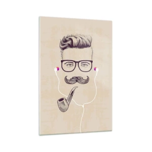 Cuadro sobre vidrio - Impresiones sobre Vidrio - Retrato retro de un hombre con pipa, auriculares y gafas. - 70x100cm - Moda masculina - Decoración de pared moderna para salón y dormitorio ARTTOR