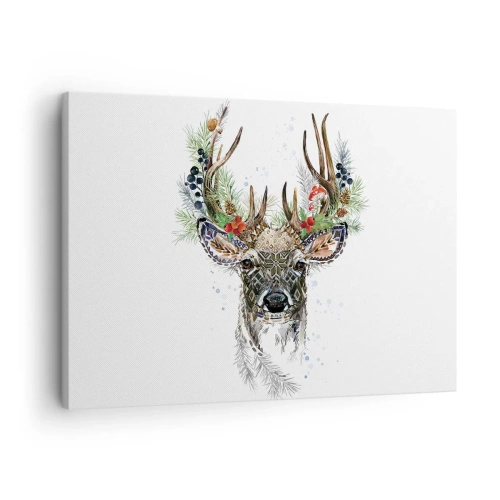 Cuadro sobre lienzo - Impresión de Imagen - Ciervo estilizado con astas decorativas sobre un fondo blanco. - 70x50cm - Con vestimenta festiva - Decoración de pared moderna para salón y dormitorio ARTTOR