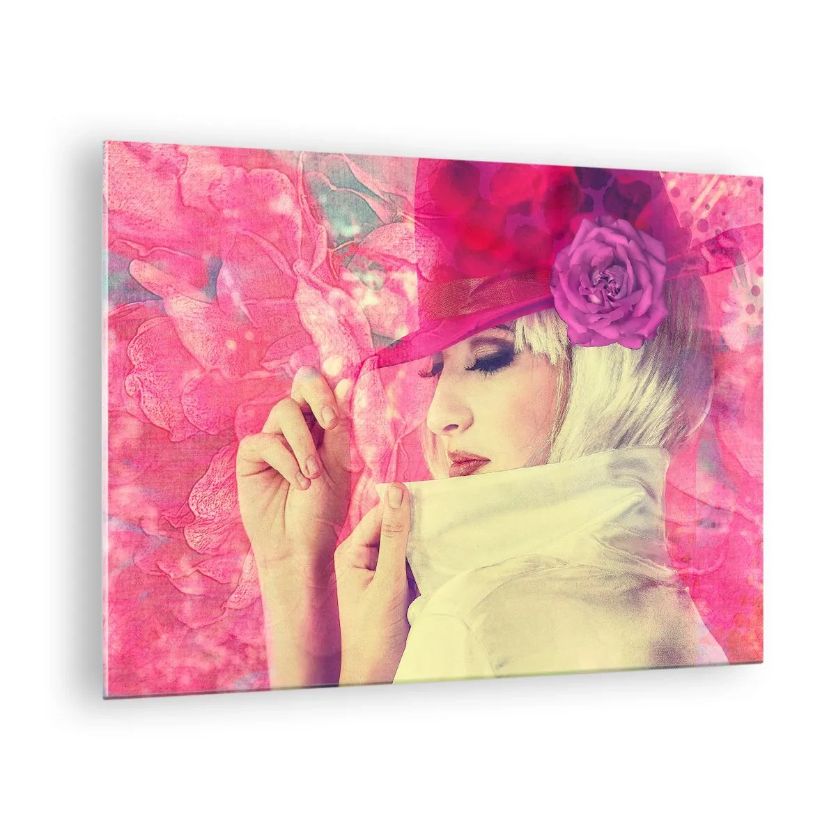 Cuadro sobre vidrio - Impresiones sobre Vidrio - Ilustración de una mujer con un sombrero rosa y una flor al fondo. - 70x50cm - Retrato retro en rosa - Decoración de pared moderna para salón y dormitorio ARTTOR