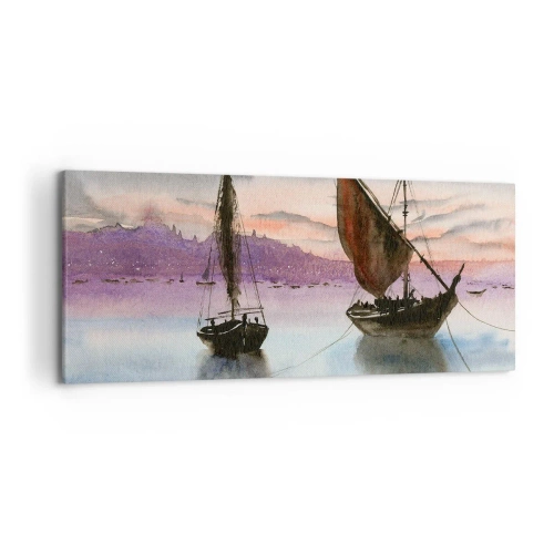 Cuadro sobre lienzo - Impresión de Imagen - Dos veleros amarrados en aguas tranquilas al anochecer - 120x50cm - Atardecer en el puerto - Decoración de pared moderna para salón y dormitorio ARTTOR