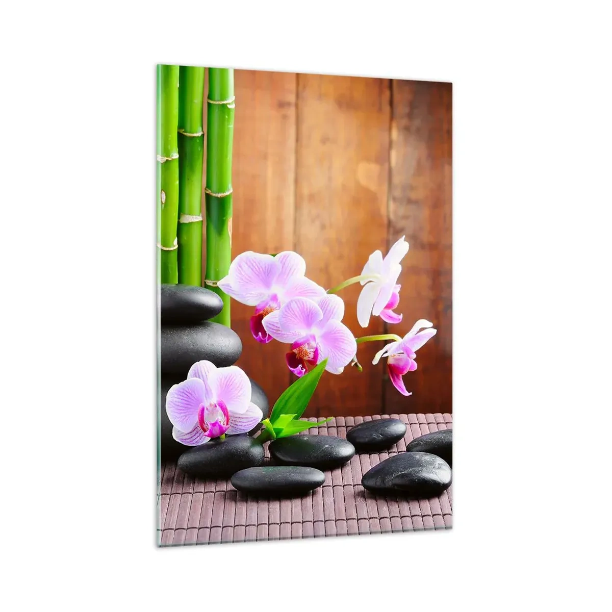 Cuadro sobre vidrio - Impresiones sobre Vidrio - Bambú de estilo zen, piedras y orquídeas rosas sobre un fondo de madera. - 80x120cm - Experimente los placeres de Oriente - Decoración de pared moderna para salón y dormitorio ARTTOR