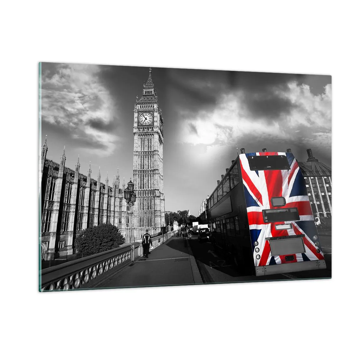 Cuadro sobre vidrio - Impresiones sobre Vidrio - El Big Ben y un autobús con bandera británica - 120x80cm - Orgullosa y grandiosa - Decoración de pared moderna para salón y dormitorio ARTTOR