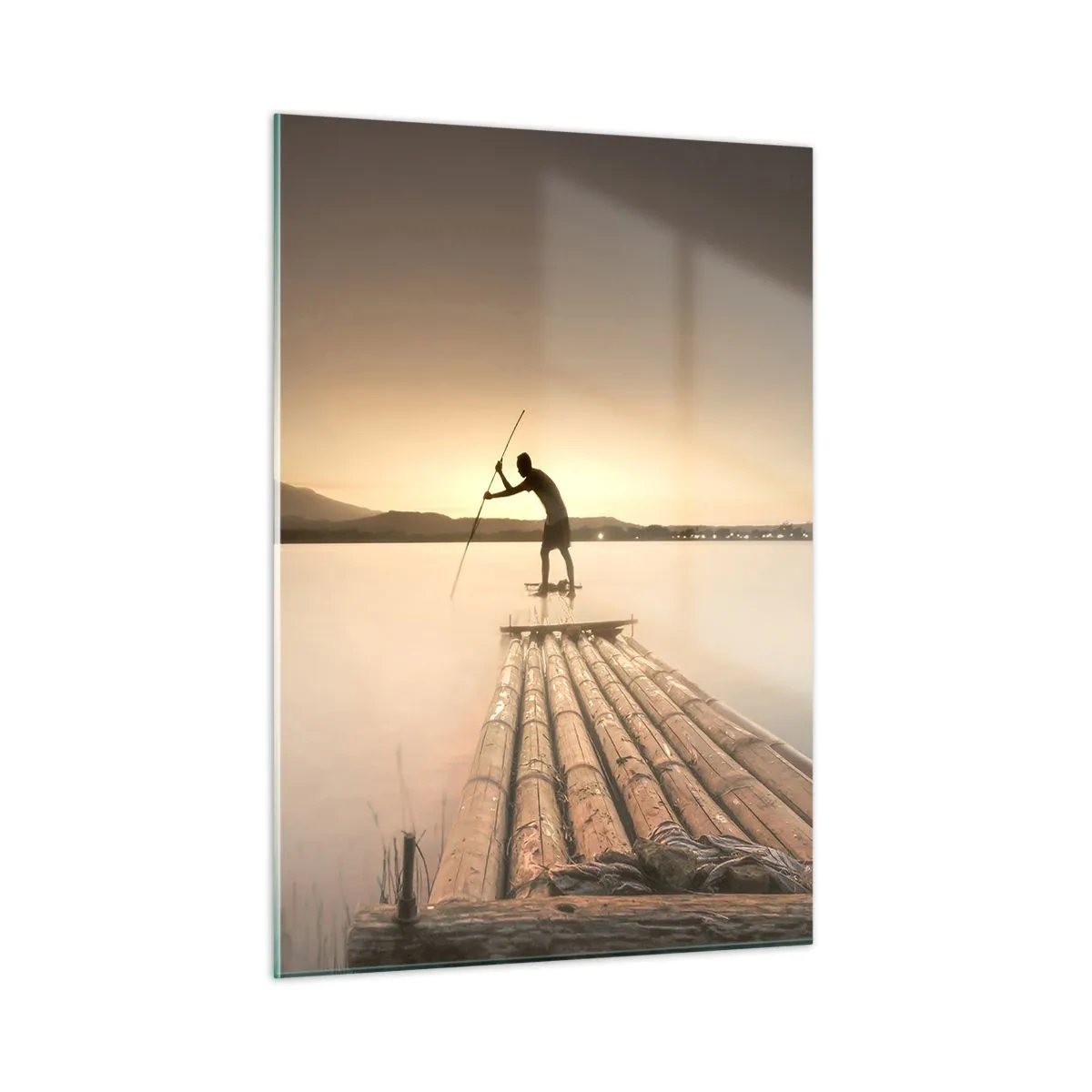 Cuadro sobre vidrio - Impresiones sobre Vidrio - Un pescador en una balsa de bambú al anochecer. - 50x70cm - Antes del descanso - Decoración de pared moderna para salón y dormitorio ARTTOR