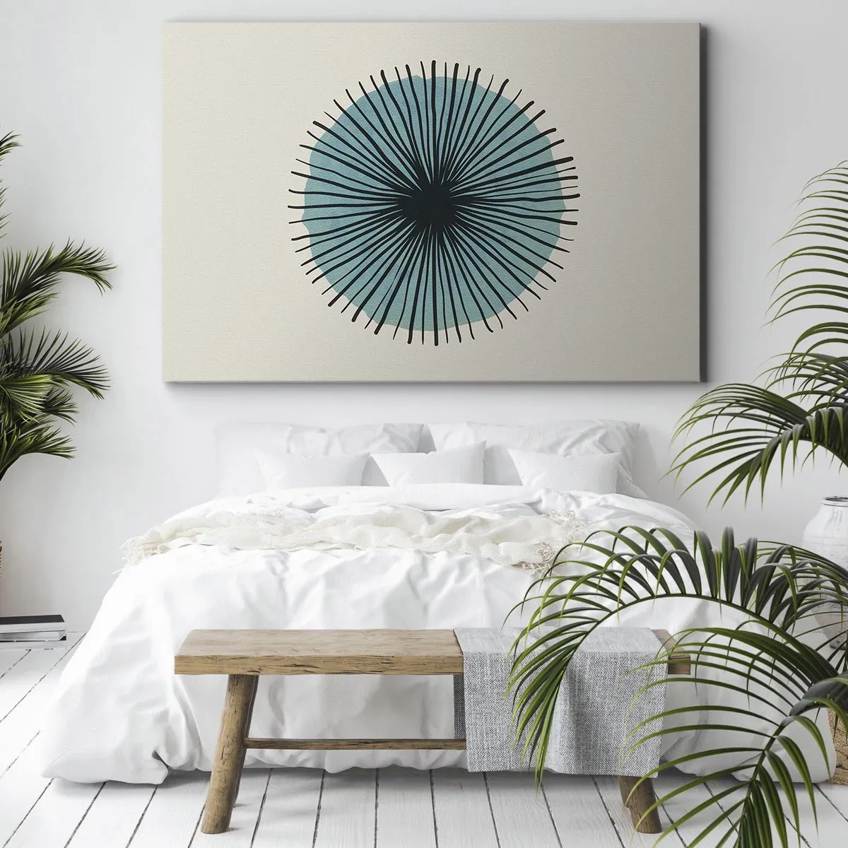 Cuadro sobre lienzo - Impresión de Imagen - Forma circular abstracta con rayos azules - 70x50cm - Radiante en azul - Decoración de pared moderna para salón y dormitorio ARTTOR