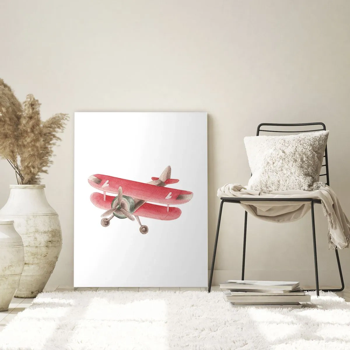 Cuadro sobre vidrio - Impresiones sobre Vidrio - Biplano de estilo retro en tonos rojos. - 50x70cm - Listo para surcar los cielos - Decoración de pared moderna para salón y dormitorio ARTTOR
