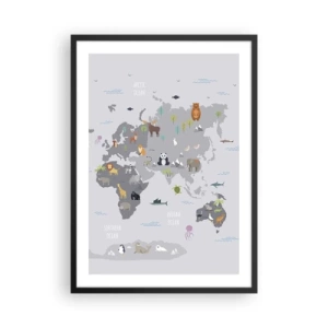 Póster en marco negro - Mapa del mundo con animales coloridos para niños - 50x70cm - Dime de dónde eres... - Decoración de pared moderna para salón y dormitorio ARTTOR