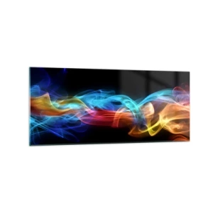 Cuadro sobre vidrio - Impresiones sobre Vidrio - Humo colorido sobre un fondo negro - 120x50cm - Una danza de nieblas de arco iris - Decoración de pared moderna para salón y dormitorio ARTTOR