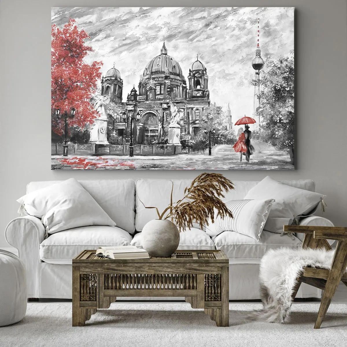Cuadro sobre lienzo - Impresión de Imagen - Escena en blanco y negro con Berlín, un paraguas rojo y un árbol. - 100x70cm - Reunión en Berlín - Decoración de pared moderna para salón y dormitorio ARTTOR