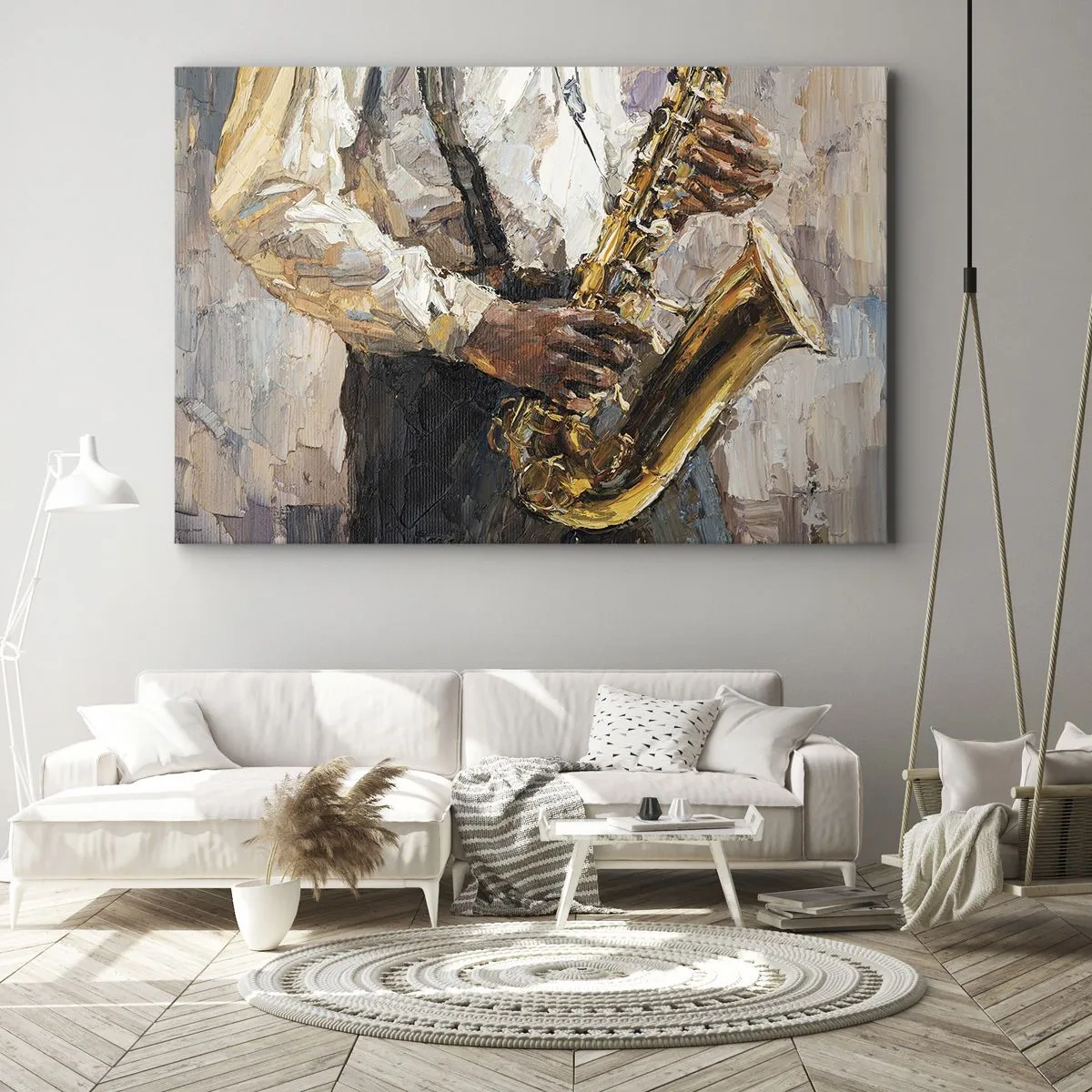 Cuadro sobre lienzo - Impresión de Imagen - Un músico tocando el saxofón con un estilo artístico. - 70x50cm - Llegó el momento del solo - Decoración de pared moderna para salón y dormitorio ARTTOR