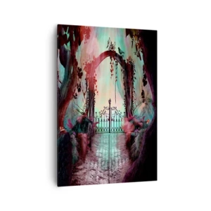 Cuadro sobre lienzo - Impresión de Imagen - Una entrada mágica con una puerta de hierro forjado rodeada de vegetación misteriosa. - 70x100cm - Jardín secreto - Decoración de pared moderna para salón y dormitorio ARTTOR