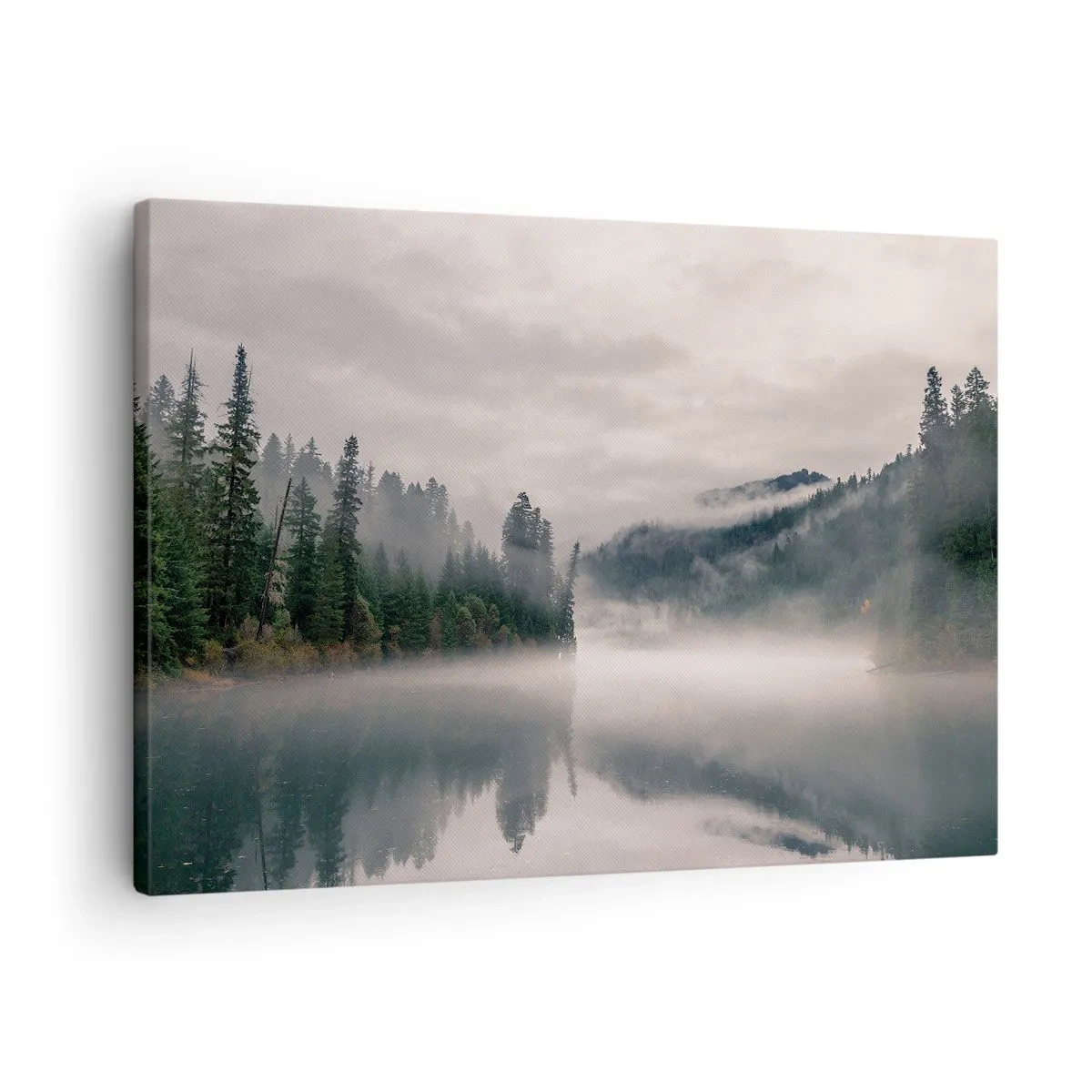 Cuadro sobre lienzo - Impresión de Imagen - Un bosque brumoso reflejado en un lago tranquilo. - 70x50cm - En el ensueño, en la niebla - Decoración de pared moderna para salón y dormitorio ARTTOR