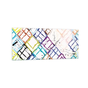Cuadro sobre vidrio - Impresiones sobre Vidrio - Abstracción colorida con formas geométricas sobre un fondo blanco. - 120x50cm - Habitáculos en alquiler - Decoración de pared moderna para salón y dormitorio ARTTOR