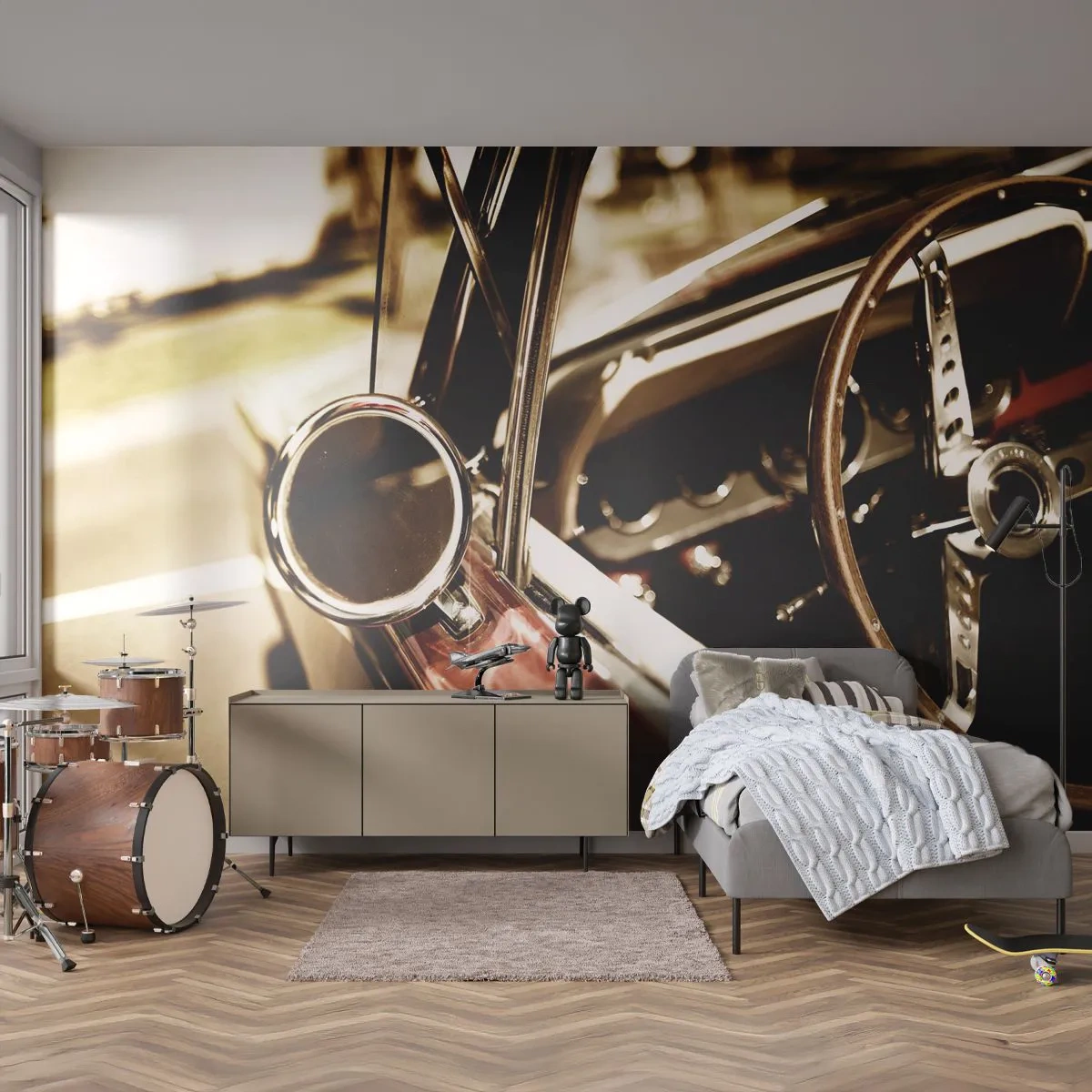 Fotomural Premium Sand - Interior de coche clásico en estilo retro - 100x70cm - Un coche con alma - Decoración de pared moderna para salón y dormitorio ARTTOR