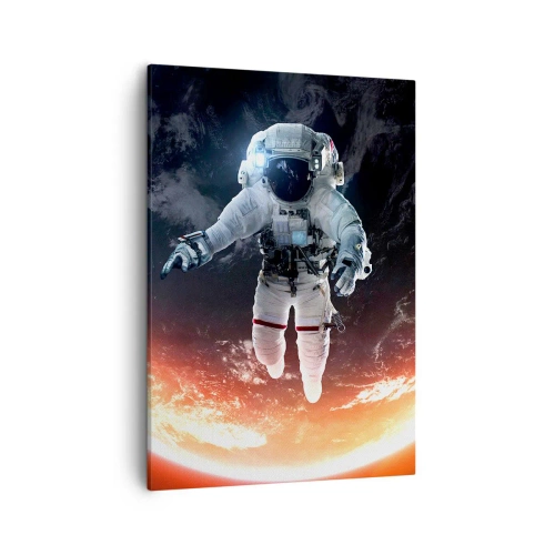 Cuadro sobre lienzo - Impresión de Imagen - Un astronauta flotando sobre una Tierra iluminada por el sol. - 50x70cm - ¿Puedo quedarme un rato más? - Decoración de pared moderna para salón y dormitorio ARTTOR