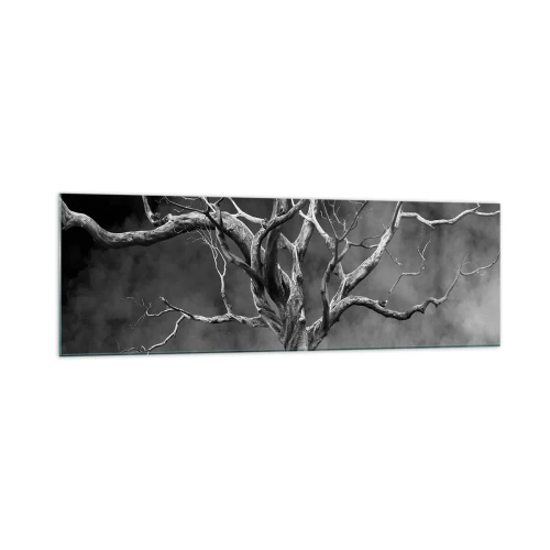 Cuadro sobre vidrio - Impresiones sobre Vidrio - Un árbol seco en blanco y negro contra la niebla. - 160x50cm - Primordial y sagrado - Decoración de pared moderna para salón y dormitorio ARTTOR