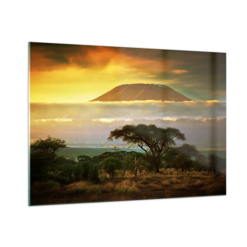 Cuadro sobre vidrio - Impresiones sobre Vidrio - El monte Kilimanjaro rodeado de nubes con el telón de fondo de la sabana africana - 100x70cm - El sueño del viajero - Decoración de pared moderna para salón y dormitorio ARTTOR