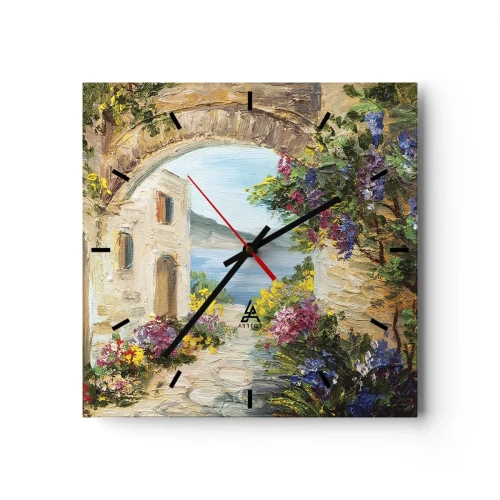 Reloj de pared - Reloj de vidrio - Paisaje costero con edificios de piedra y flores. - 30x30cm - El encanto del paisaje costero - Decoración de pared moderna para salón y dormitorio ARTTOR