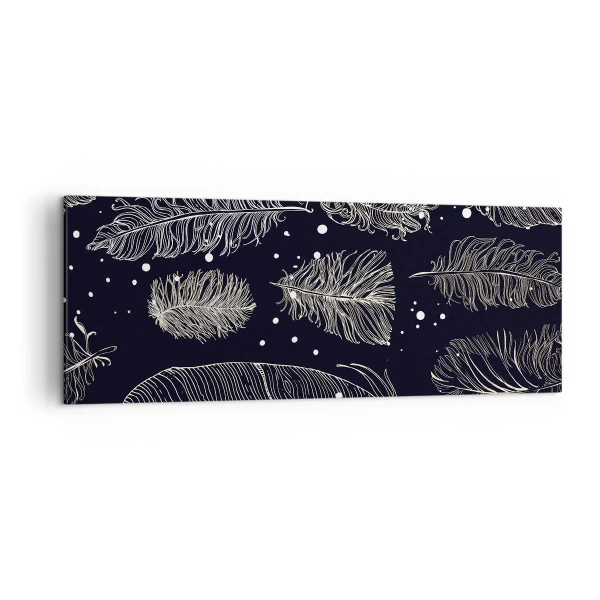 Cuadro sobre lienzo - Impresión de Imagen - Delicadas plumas blancas sobre un fondo azul marino. - 140x50cm - Encaje de plumas - Decoración de pared moderna para salón y dormitorio ARTTOR