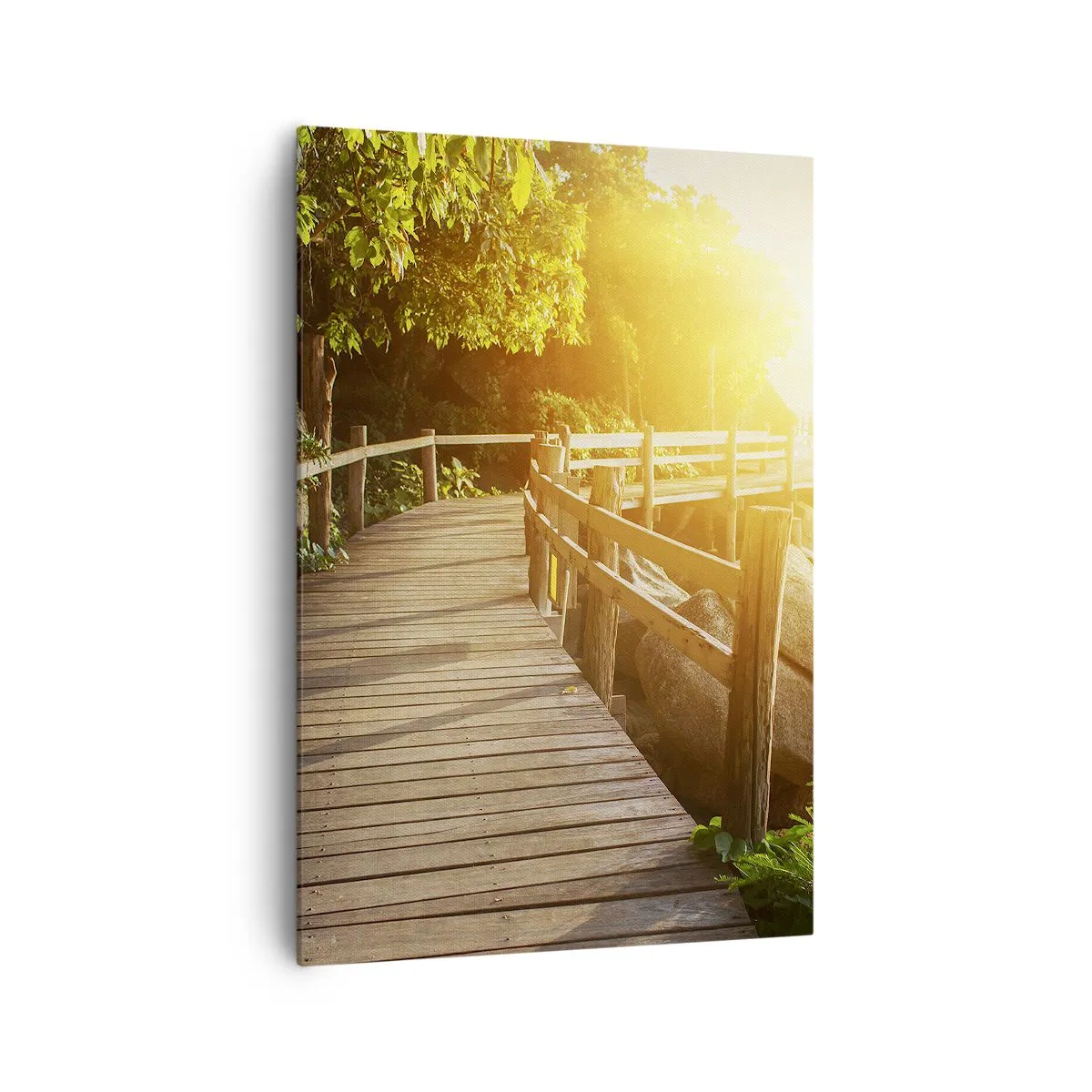 Cuadro sobre lienzo - Impresión de Imagen - Un puente de madera entre la vegetación que conduce al mar bajo los rayos del sol. - 70x100cm - Otra curva, otra maravilla - Decoración de pared moderna para salón y dormitorio ARTTOR