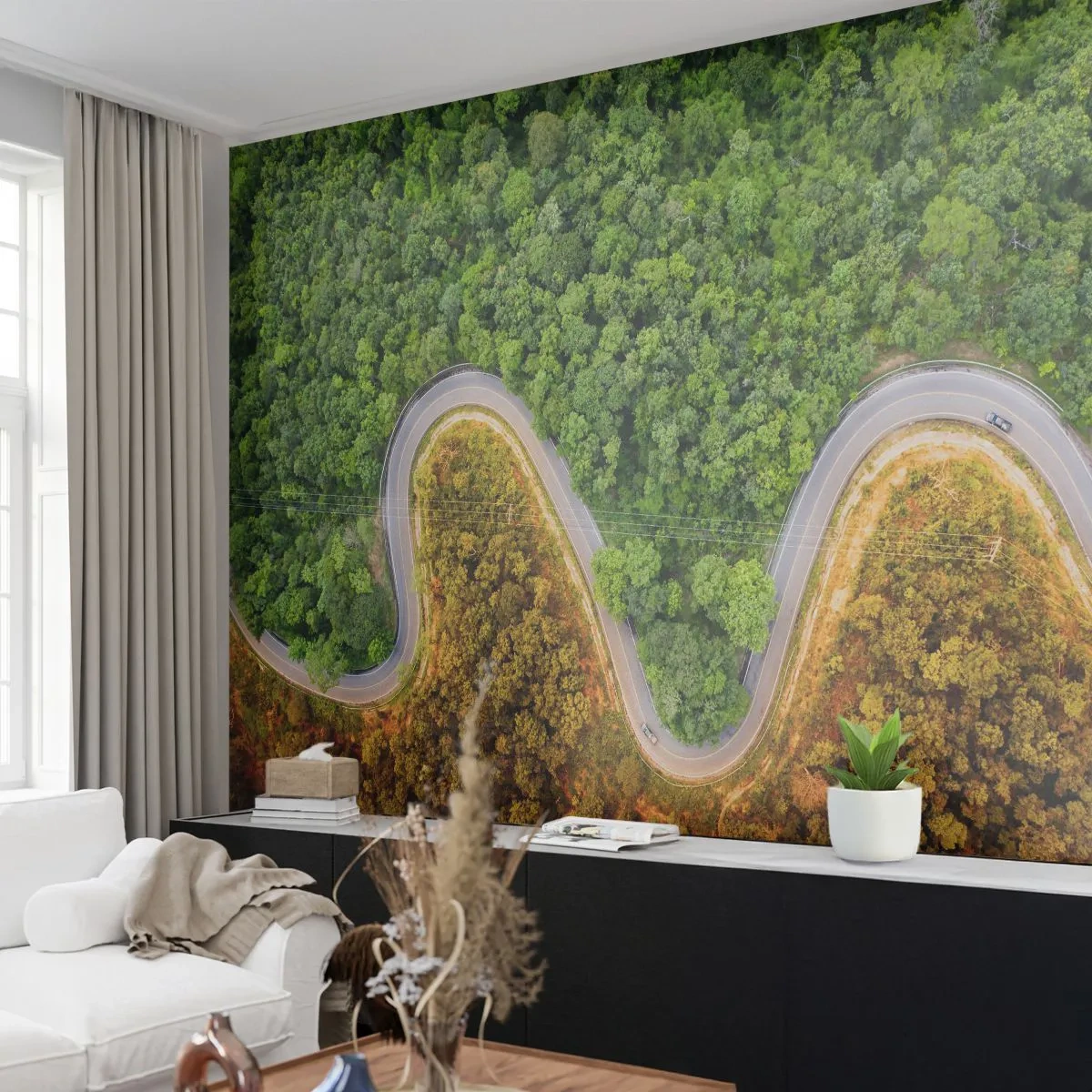 Fotomural Premium Canvas - Frontera serpenteante - Paisaje, Carretera del coche, Bosque - 200x140 cm