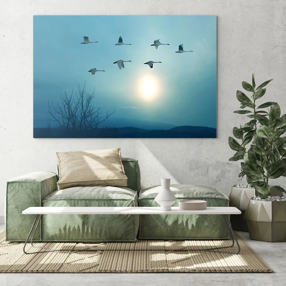 Cuadro sobre vidrio - Impresiones sobre Vidrio - Cisnes volando con el sol poniente como telón de fondo y un paisaje invernal. - 100x70cm - Adiós al verano por un año - Decoración de pared moderna para salón y dormitorio ARTTOR