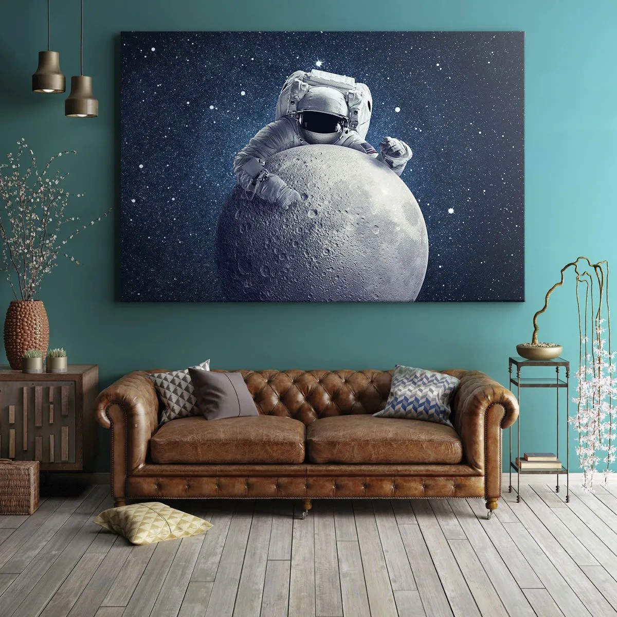 Cuadro sobre lienzo - Impresión de Imagen - Astronauta sosteniendo la luna contra un cielo estrellado - 120x80cm - Bromista espacial - Decoración de pared moderna para salón y dormitorio ARTTOR