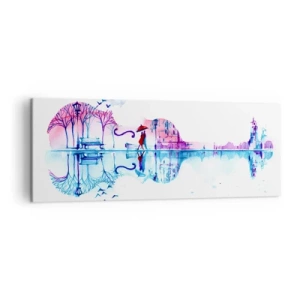 Cuadro sobre lienzo - Impresión de Imagen - Silueta de ciudad en forma de violín en colores de acuarela - 140x50cm - Te traeré cánticos de lluvia - Decoración de pared moderna para salón y dormitorio ARTTOR