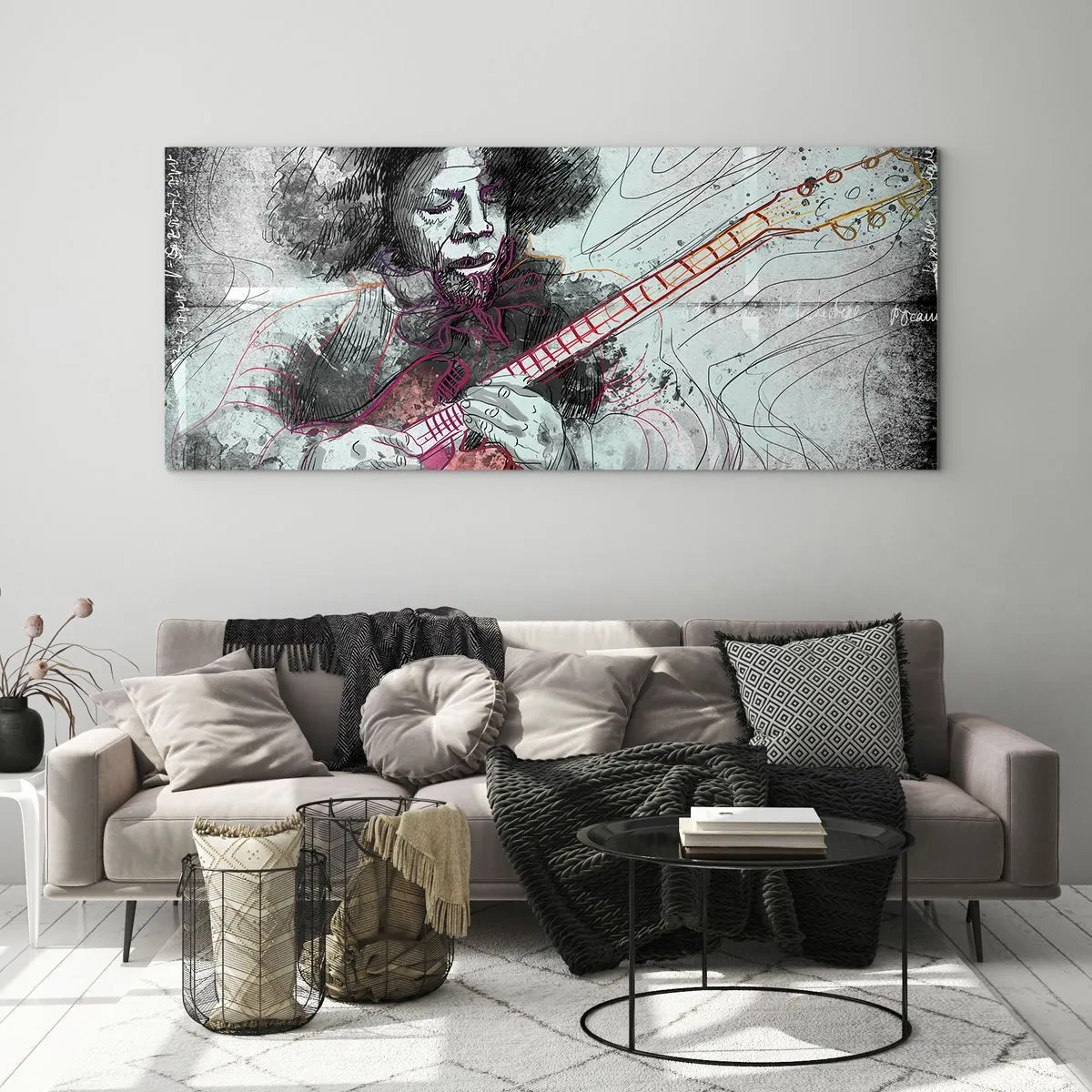 Cuadro sobre vidrio - Impresiones sobre Vidrio - Retrato artístico de un guitarrista en la técnica del boceto. - 160x50cm - Volando con la música - Decoración de pared moderna para salón y dormitorio ARTTOR