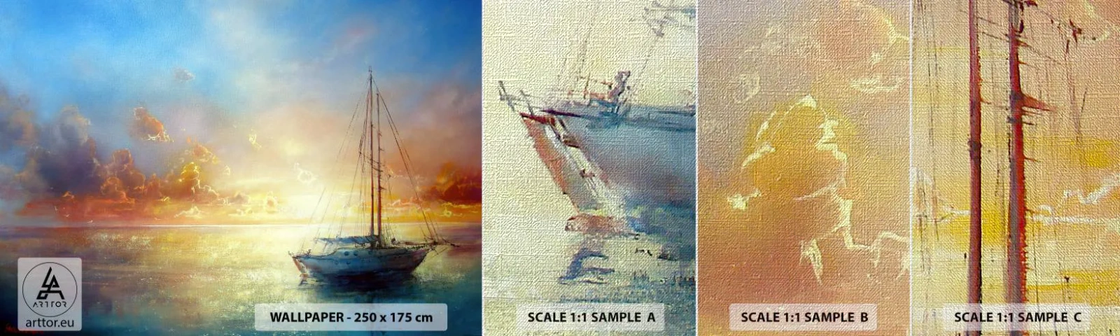 Muestra de fotomural Premium Canvas - En una bahía dorada - Velero, Paisaje, Mar - 100x30 cm