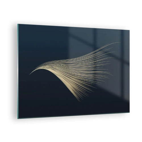 Cuadro sobre vidrio - Impresiones sobre Vidrio - Una línea dorada que se asemeja a un ala sobre un fondo azul marino. - 70x50cm - Como el cabello de un ángel - Decoración de pared moderna para salón y dormitorio ARTTOR