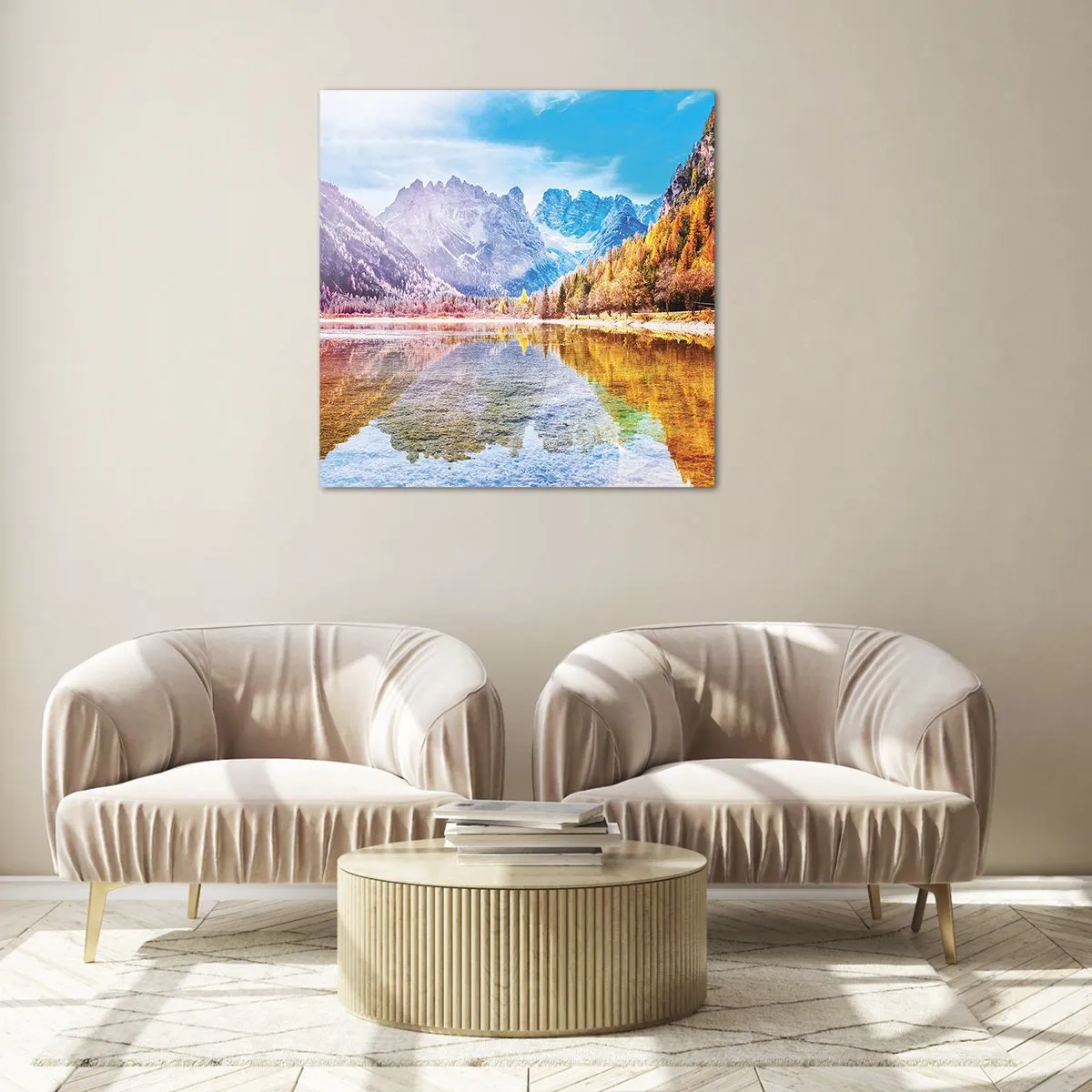 Cuadro sobre vidrio - Impresiones sobre Vidrio - Ya es otoño en las montañas - 60x60 cm