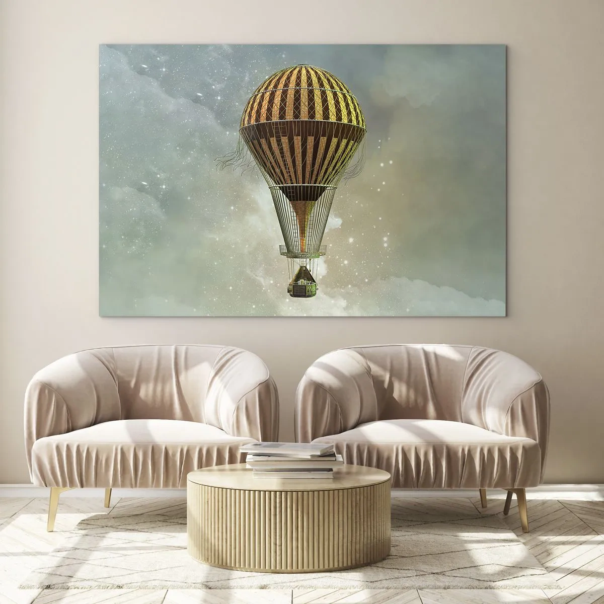 Cuadro sobre vidrio - Impresiones sobre Vidrio - Un globo estilizado sobre el fondo de un cielo estrellado y nubes. - 70x50cm - Vuelos pioneros - Decoración de pared moderna para salón y dormitorio ARTTOR