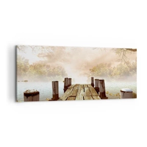 Cuadro sobre lienzo - Impresión de Imagen - Un muelle de madera que conduce a un lago tranquilo en la niebla de la mañana. - 120x50cm - La leve tristeza del otoño - Decoración de pared moderna para salón y dormitorio ARTTOR
