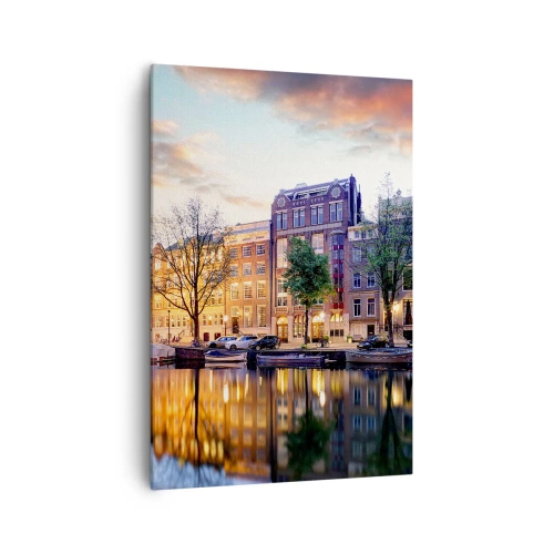 Cuadro sobre lienzo - Impresión de Imagen - Canal con reflejo de casas de vecindad a la luz del atardecer - 70x100cm - La belleza holandesa, sobria y tranquila - Decoración de pared moderna para salón y dormitorio ARTTOR