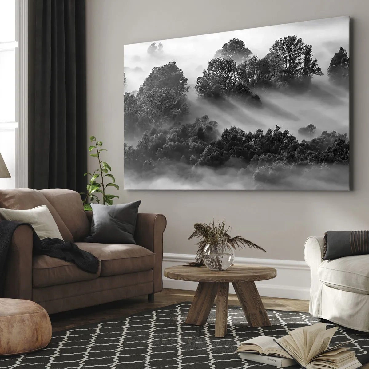 Cuadro sobre lienzo - Impresión de Imagen - Paisaje forestal en blanco y negro en la niebla matutina - 100x70cm - Levantarse del sueño - Decoración de pared moderna para salón y dormitorio ARTTOR