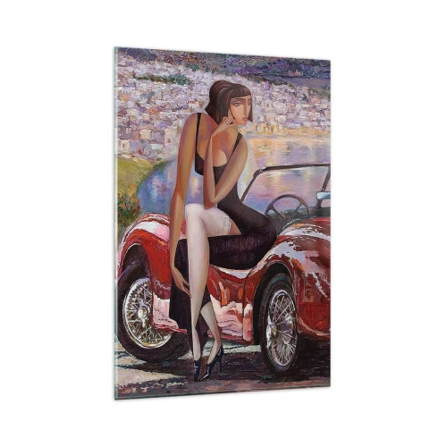 Cuadro sobre vidrio - Impresiones sobre Vidrio - Una mujer junto a un coche rojo con un pueblo al fondo - 80x120cm - Paseo veraniego - Decoración de pared moderna para salón y dormitorio ARTTOR