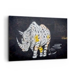 Cuadro sobre lienzo - Impresión de Imagen - Un rinoceronte tallado con rayas abstractas sobre un fondo oscuro. - 120x80cm - El mito de la momia rinoceronte - Decoración de pared moderna para salón y dormitorio ARTTOR