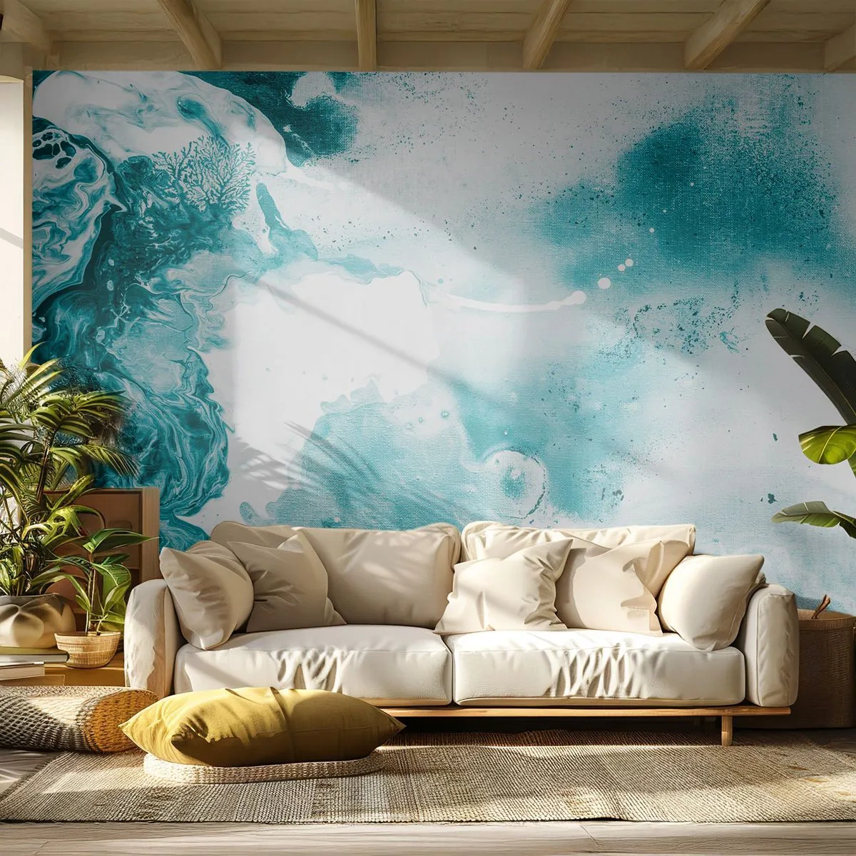 Fotomural Premium Sand - Acuarela abstracta en tonos turquesa y blanco. - 100x70cm - Remansos de azul - Decoración de pared moderna para salón y dormitorio ARTTOR