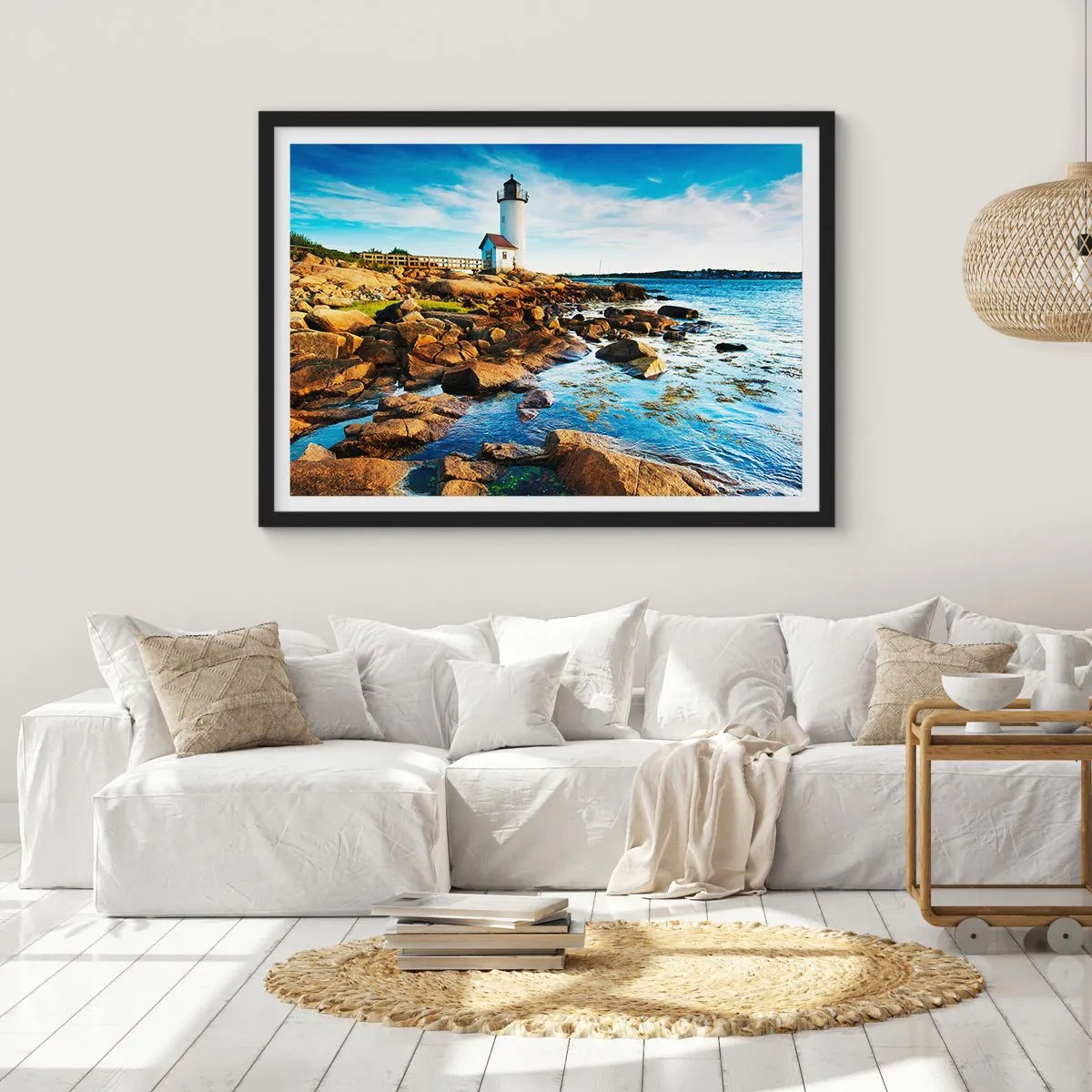 Póster en marco negro - Un faro en una costa rocosa en un día soleado. - 100x70cm - Esperando vuestro regreso - Decoración de pared moderna para salón y dormitorio ARTTOR