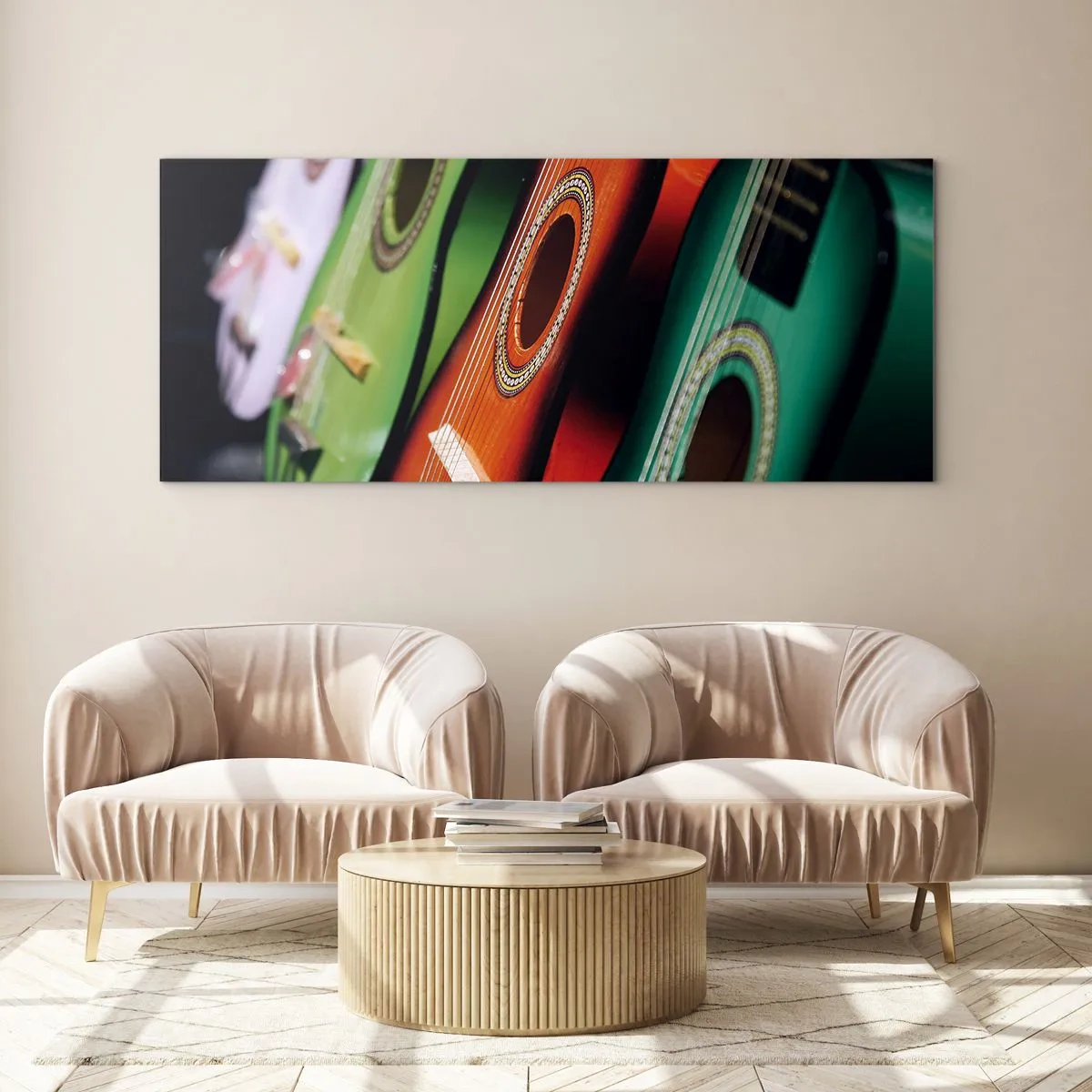 Cuadro sobre vidrio - Impresiones sobre Vidrio - Guitarras coloridas en diferentes tonos dispuestas en fila. - 160x50cm - La guitarra tiene muchos colores - Decoración de pared moderna para salón y dormitorio ARTTOR