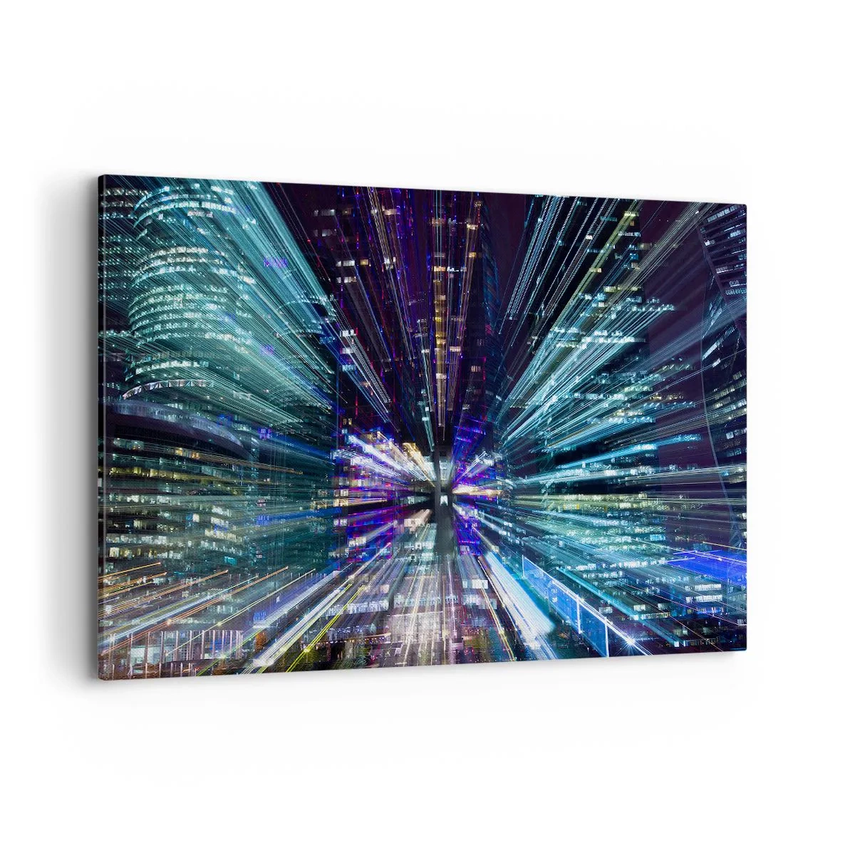 Cuadro sobre lienzo - Impresión de Imagen - Vista dinámica de la ciudad por la noche con efecto de iluminación. - 120x80cm - Cruzando el hiperespacio - Decoración de pared moderna para salón y dormitorio ARTTOR