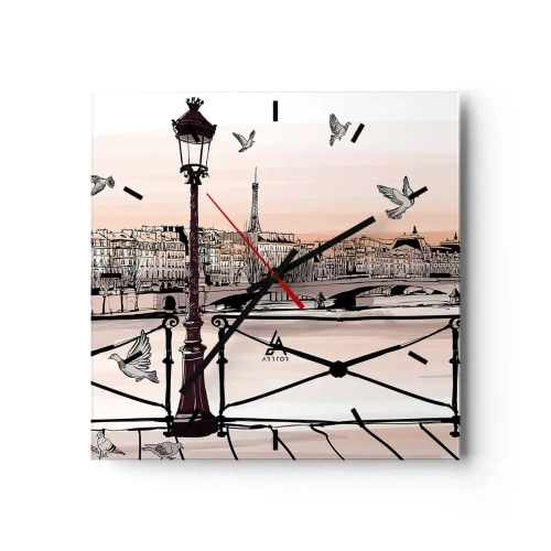 Reloj de pared - Reloj de vidrio - Vista parisina con una linterna y un puente. - 30x30cm - Sobre los tejados de París - Decoración de pared moderna para salón y dormitorio ARTTOR