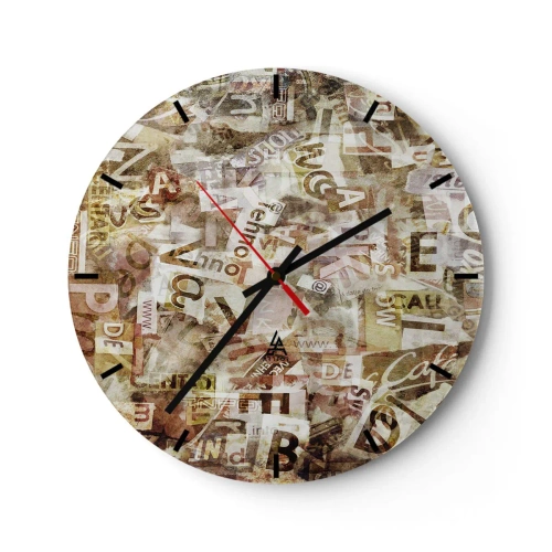 Reloj de pared - Reloj de vidrio - Composición abstracta con letras en tonos beige y marrón. - 30x30cm - Unificando el lenguaje - Decoración de pared moderna para salón, cocina y dormitorio ARTTOR