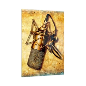 Cuadro sobre vidrio - Impresiones sobre Vidrio - Un micrófono dorado sobre un fondo vintage. - 50x70cm - Los años dorados de la radio - Decoración de pared moderna para salón y dormitorio ARTTOR