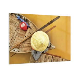 Cuadro sobre vidrio - Impresiones sobre Vidrio - Vista superior de un barco y una persona con un sombrero cónico. - 100x70cm - La vida en el río amarillo - Decoración de pared moderna para salón y dormitorio ARTTOR