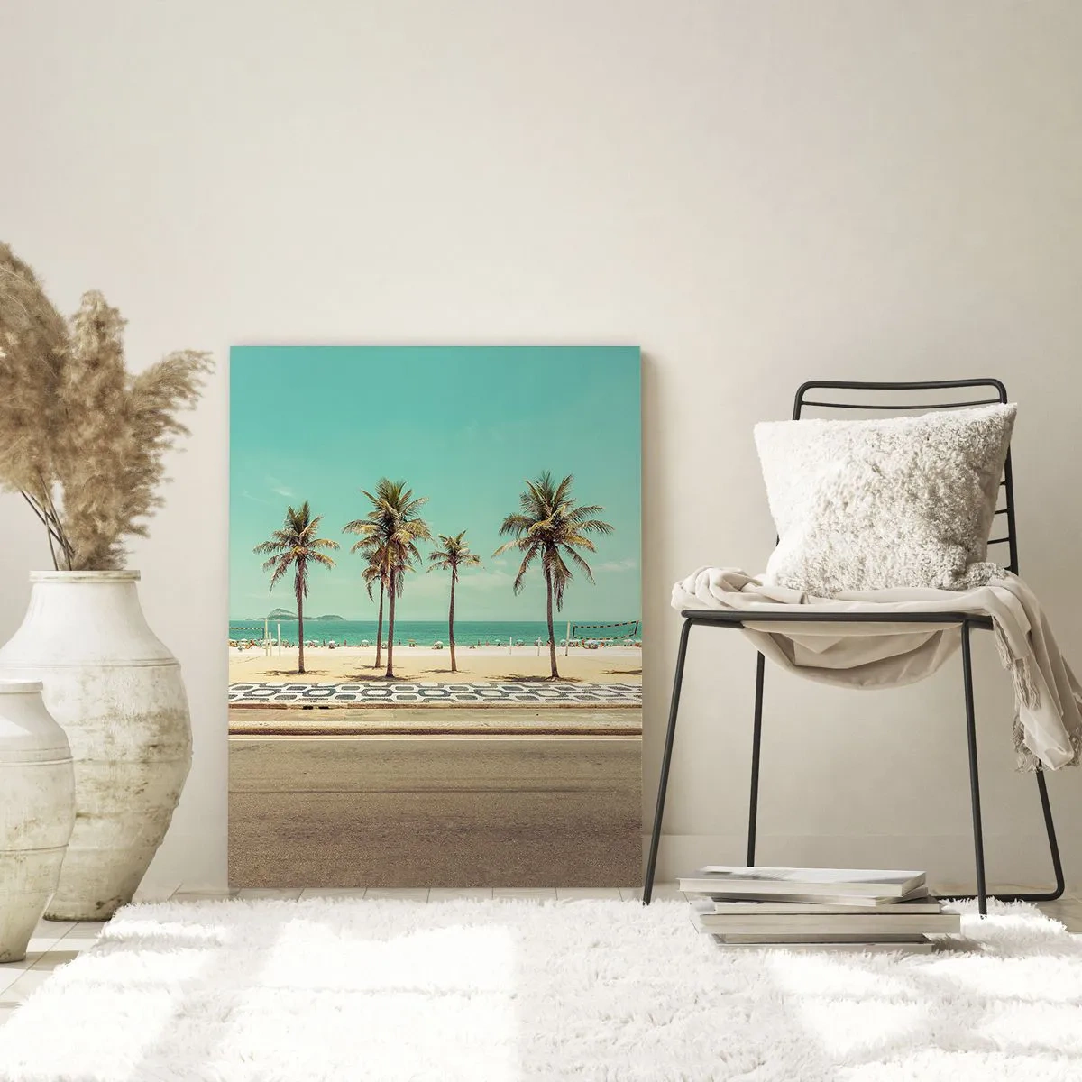 Cuadro sobre vidrio - Impresiones sobre Vidrio - Palmeras en la playa con vistas al mar y al cielo azul. - 80x120cm - En la playa - Decoración de pared moderna para salón y dormitorio ARTTOR