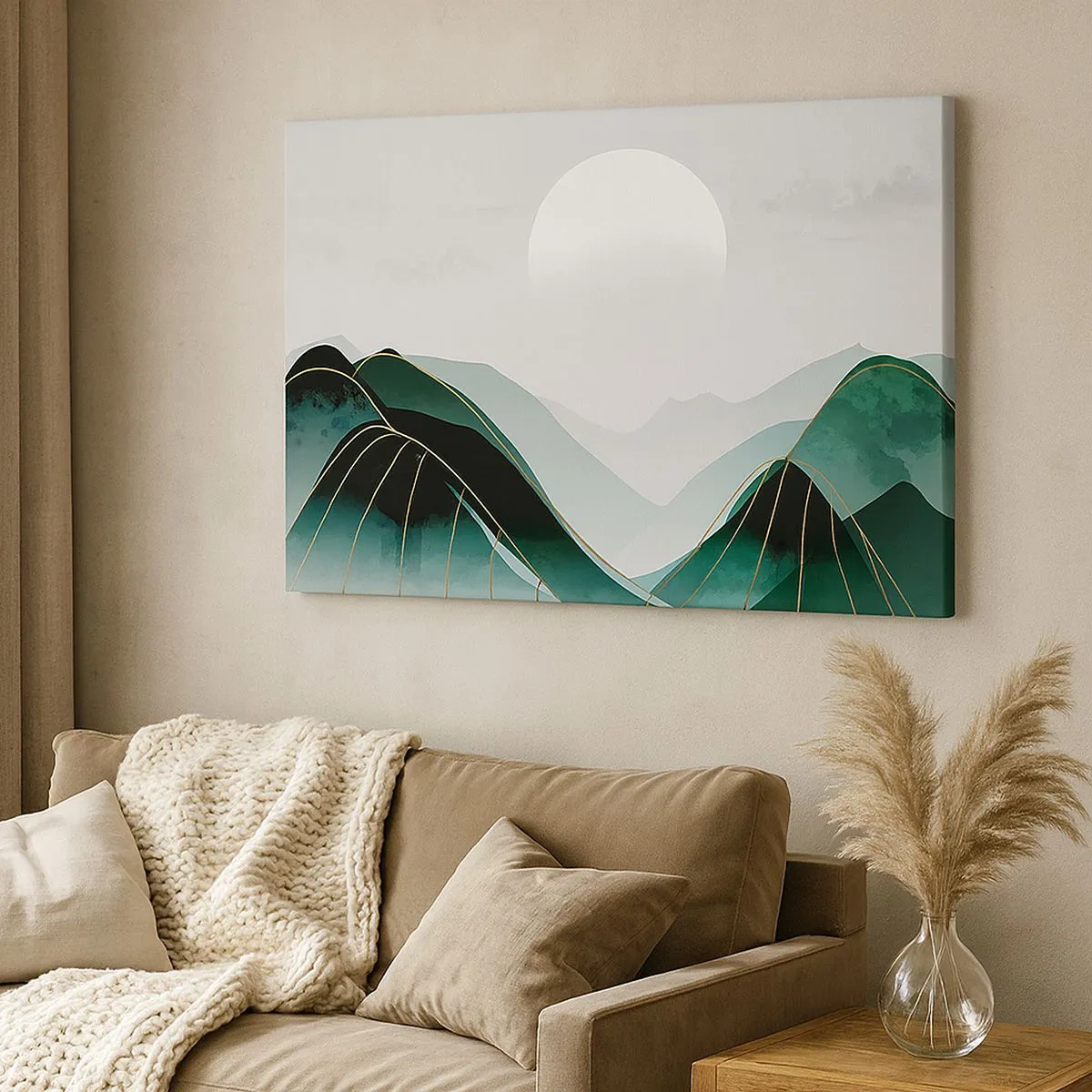Cuadro sobre lienzo - Impresión de Imagen - Paisaje montañoso abstracto con la luna y líneas doradas. - 70x50cm - Con toda la majestuosidad - Decoración de pared moderna para salón y dormitorio ARTTOR